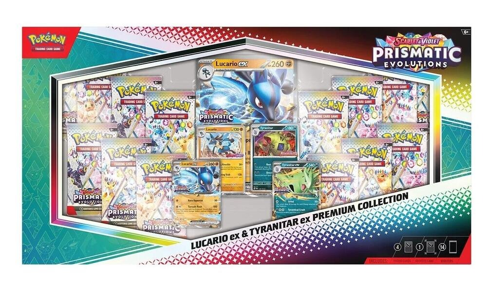 648365_in_1000x1000_506d71ea-86af-4abc-842c-134e5ddd2aa0 Pokemon TCG: Scarlet & Violet Prismatic Evolutions Lucario ex & Tyranitar ex Premium Collection - Image 1