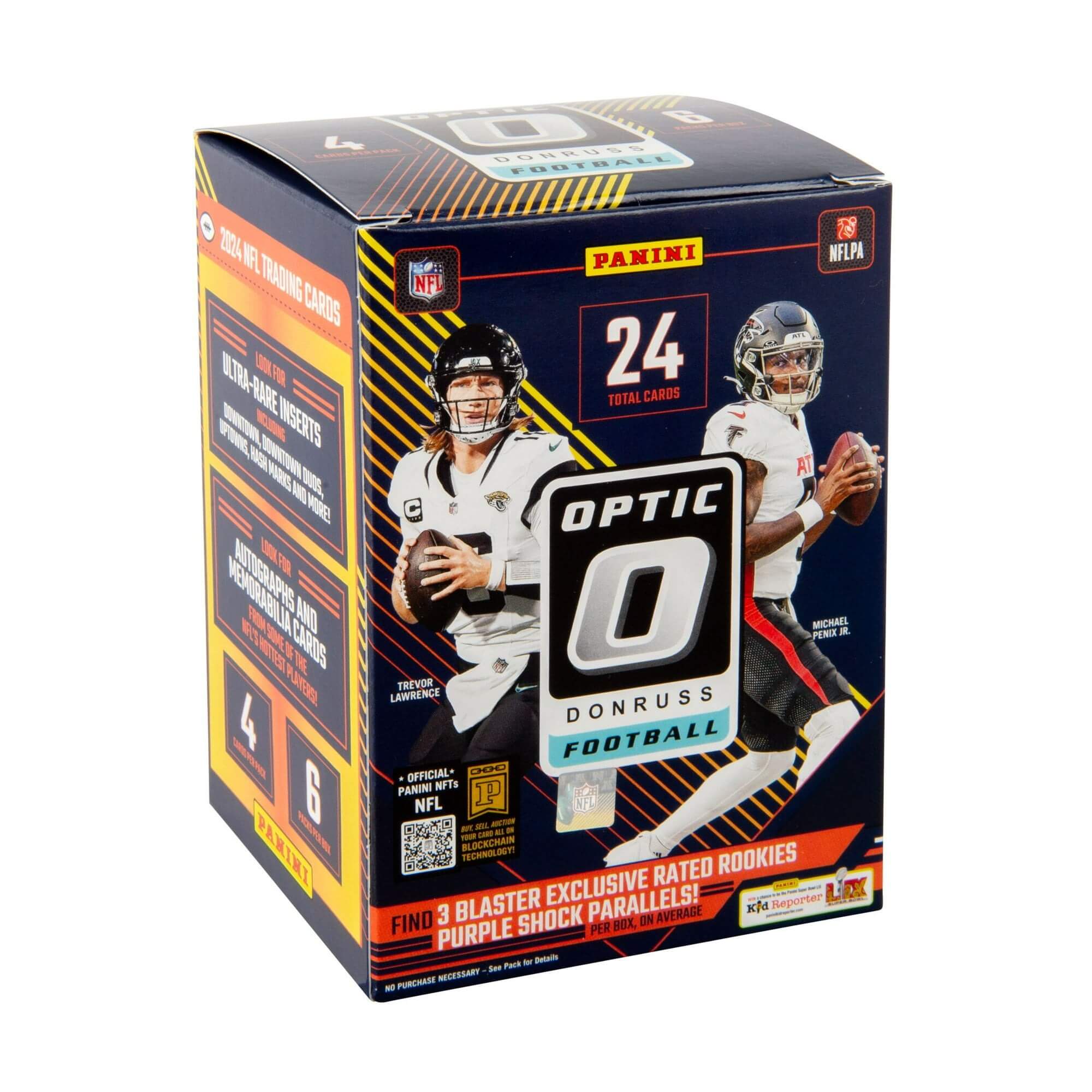 DS-24PANDONFL-BB1_83e17c17-5c89-4ac4-a3c9-39950139ddcc 2024 Panini Donruss Optic Football 6-Pack Blaster Box (Purple Shock) - Image 1