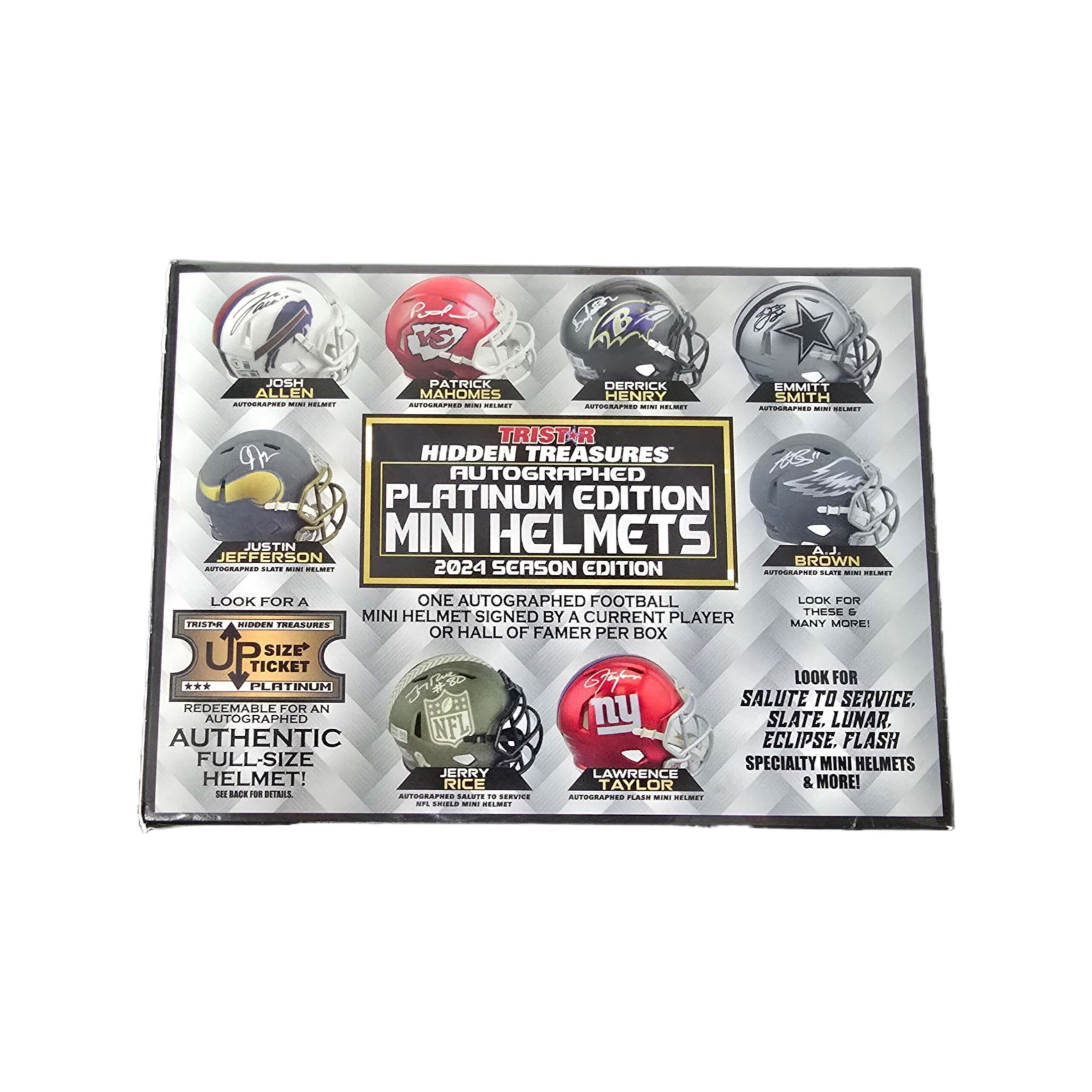 TS-HTFBMHPL-HB1 2024 Tristar Hidden Treasures Football Mini Helmet Platinum Season Edition Hobby Box - Image 1
