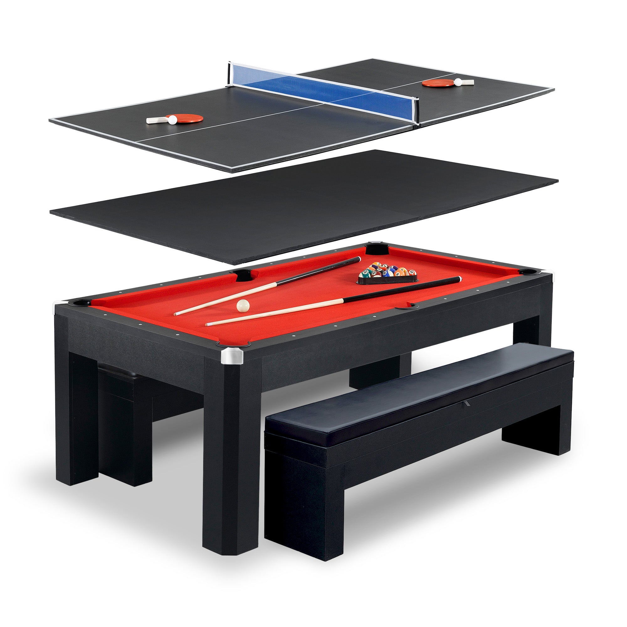BG2530PR_H1.1 Hathaway Park Avenue 7-ft Pool Table Combo Set with Benches – Black with Red Felt BG2530PR - Image 1