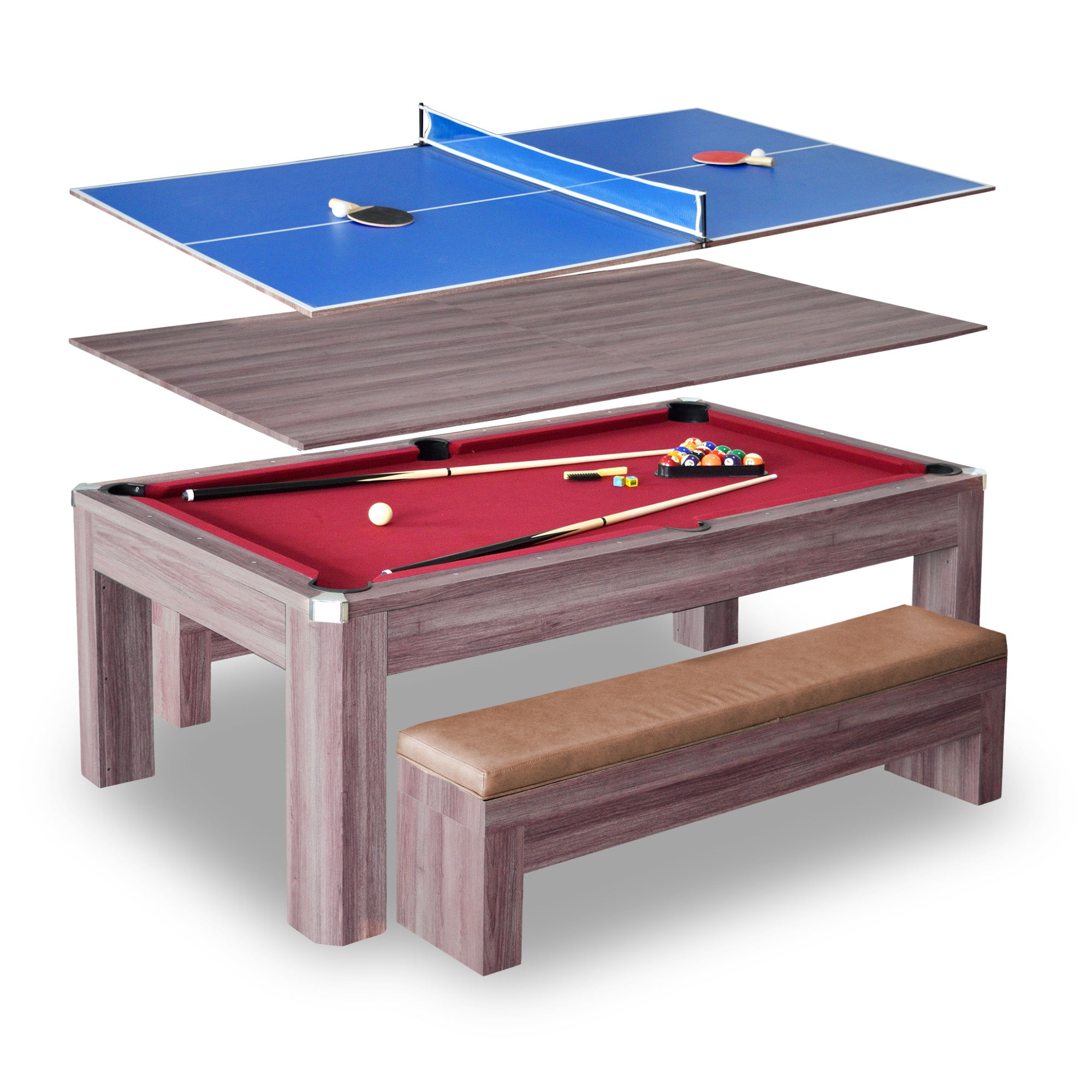 BG2535P_H1 Hathaway Newport 7-ft Pool Table Combo Set with Benches – Light Oak with Red Felt BG2535P - Image 1
